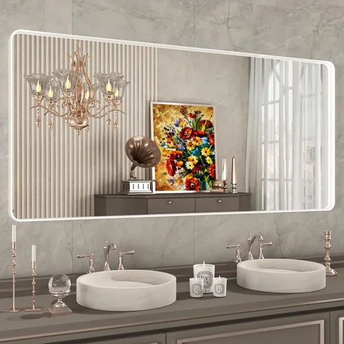 Miniatura 51 de Espejo de baño LED de 60x36 pulgadas con marco negro, espejos de baño retroiluminados y con luz frontal para pared, antiempañamiento, regulable