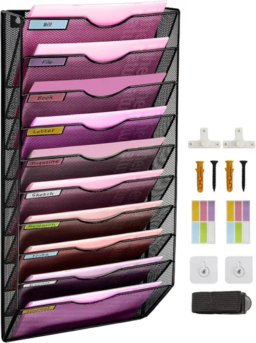 Miniatura 8 de Organizador de archivos de pared de malla con 1 bolsillo, organizador de archivos para colgar en la oficina, revistero, juego de ganchos