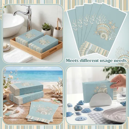 Miniatura 6 de Jetec 200 servilletas de papel costeras con conchas marinas, toallas de mano de papel para baño, desechables, diseño de estrella de mar azul marino