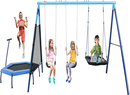 Miniatura 8 de Juego de Columpio de Metal Resistente 3 en 1 para Patio Trasero, Set de Juegos Exterior con Marco en A con Columpio Platillo, Barril para Niños