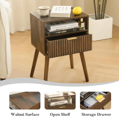 Miniatura 5 de Fultyle Mesita de noche de nogal, mesa de noche de madera con cajones acanalados y estante abierto, mesita de noche de madera para dormitorio