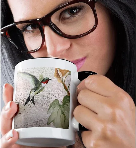 Miniatura 2 de 3dRose Hummingbird by Yellow Trompet Flower on Crackled Background - Taza negra de dos tonos de 11 oz