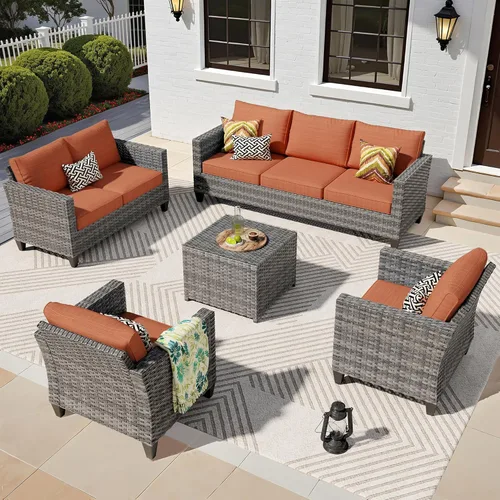 Miniatura 15 de ovios Juego de muebles de patio de 6 piezas, sillas giratorias de mimbre para exteriores con mesa para fogatas de 30 pulgadas, juego de mecedoras