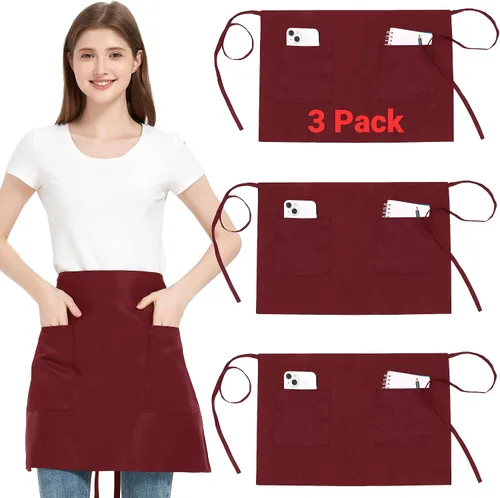 Miniatura 14 de Paquete de 3 delantales de cintura con 3 bolsillos, delantales de camarero unisex negros, delantales resistentes al agua para restaurante, chef y bar