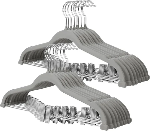 Miniatura 10 de ManGotree Perchas de terciopelo para bebé de 11.8 pulgadas con clips movibles, perchas de fieltro antideslizantes para niños, perchas de ropa