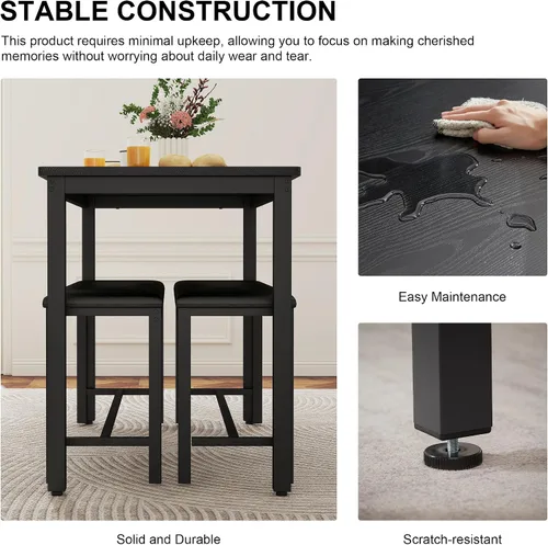 Miniatura 3 de Juego de mesa de comedor para 4, mesa de cocina con 2 bancos, muebles de comedor de madera de 3 piezas, juegos de sillas de comedor para rincón
