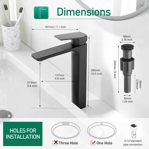 Miniatura 6 de VOTON Grifo de lavabo de recipiente, grifo de baño alto negro mate, grifo de lavabo de una sola manija, grifo mezclador de lavabo de 1 orificio