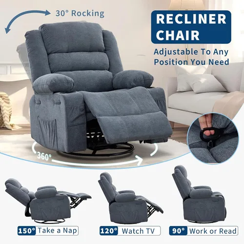Miniatura 3 de Rocking Recliner Chair for Adults Linen Wide Upholstered Glider Recliner with Cup Holder Deep Seat Single Sofa Rocker Chair for Nursery Living Room
