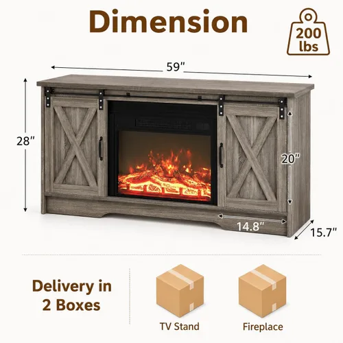 Miniatura 2 de 4 EVER WINNER - Centro de entretenimiento con chimenea para TV de 65 pulgadas, puerta corrediza de granero, soporte de TV de estilo rústico con Gris