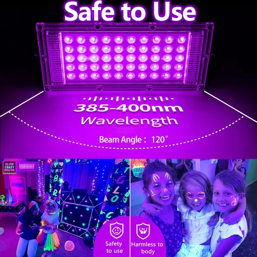 Miniatura 2 de 1 paquete de luz negra de 50 W, luz negra LED con enchufe e interruptor de EE. UU., luces negras para fiestas brillantes y de neón, Halloween