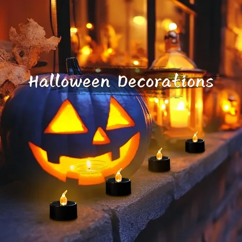 Miniatura 3 de LANKER Paquete de 24 velas de té negras – Luces LED sin llama amarillas cálidas parpadeantes – Velas falsas de larga duración a pilas – Decoración