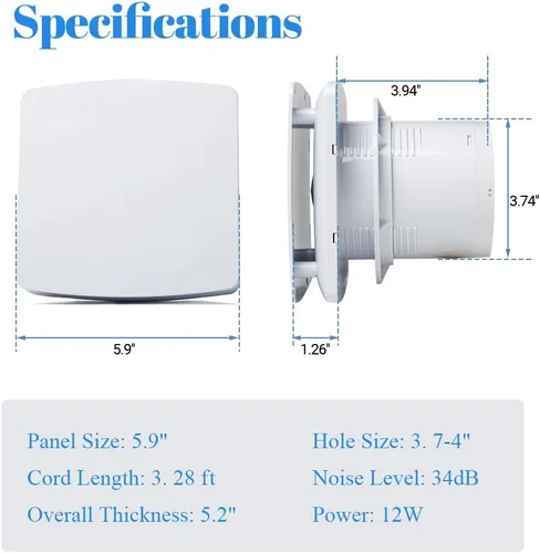 Miniatura 2 de WiseWater Extractor de baño, 110 V CA 56 CFM, 34 dB, conducto de 4 pulgadas, ventilador extractor de panel de 6 pulgadas, ventilador de ventilación