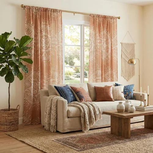 Miniatura 33 de NICETOWN Cortinas bohemias de lino transparente para sala de estar, cortinas semitransparentes de granja con patrón de rayas bohemias, cortinas Gris