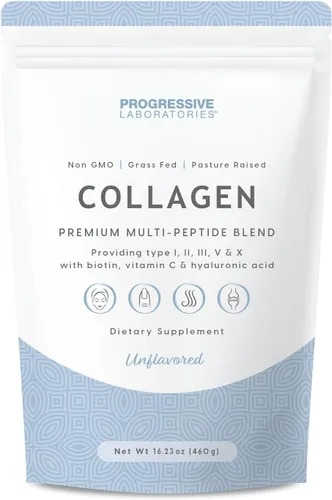 Polvo de péptidos de colágeno múltiple – Tipos I, II, III, V y X con biotina, vitamina C y ácido hialurónico – Alimentado con pasto, sin OMG,