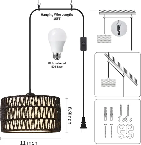 Miniatura 4 de Lámpara colgante enchufable, luces colgantes de ratán con cable enchufable, pantalla tejida y de tela 2 en 1, lámpara colgante enchufable para Negro