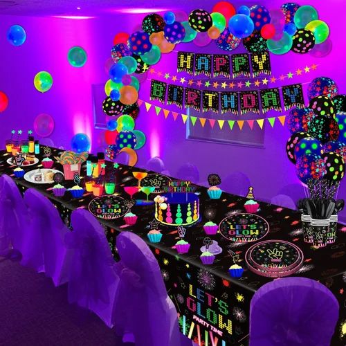 Miniatura 5 de 231 piezas de suministros de fiesta de neón que brillan en la oscuridad, decoraciones de fiesta de luz negra, juego de vajilla para fiesta, platos