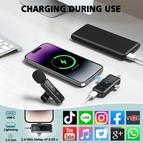 Miniatura 3 de Mini micrófono, 3 en 1 micrófonos de solapa inalámbricos para iPhone/iPad/Android/cámara (Lightning/USB/conector de 3.5 mm), 2 pantallas LED