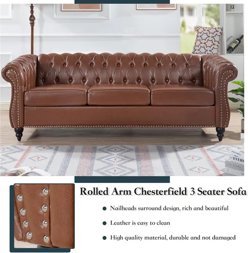 Miniatura 5 de Chesterfield - Sofá tapizado de piel sintética, con respaldo copetudo, sofá clásico de cuero de 3 plazas, brazo enrollado para sala de estar, Marrón