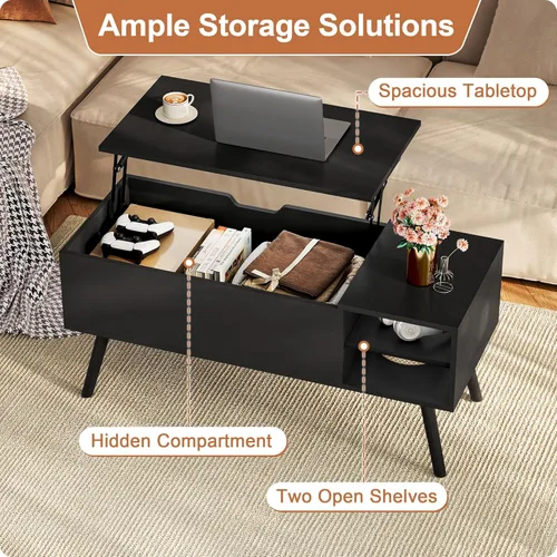 Miniatura 3 de Aline Furniture - Mesa de centro negra con superficie que se levanta y compartimento de almacenamiento oculto, patas de madera maciza y estantes
