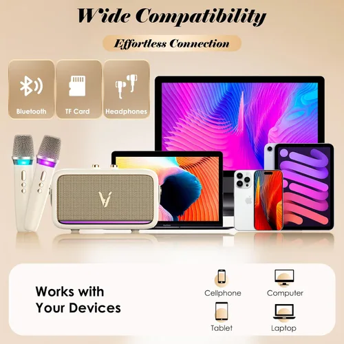 Miniatura 5 de Máquina de karaoke con 2 micrófonos inalámbricos y envoltura de cuero suave Mini altavoz Bluetooth portátil con 5 modos de cambio de voz
