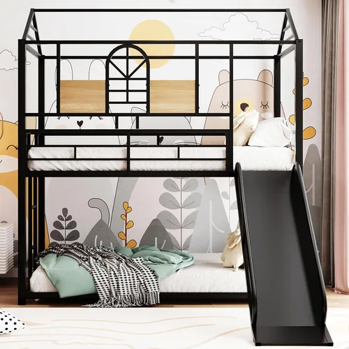 Miniatura 10 de Bellemave Litera individual sobre cama individual con tobogán, litera de piso para niños con escaleras de almacenamiento y barandilla de longitud