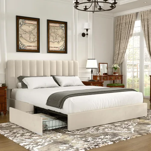 Miniatura 42 de VECELO Marco de Cama Tapizada Tamaño Full con 4 Cajones y Cabecero, Marco de Cama Plataforma de Almacenamiento de Terciopelo, Soporte de Listones