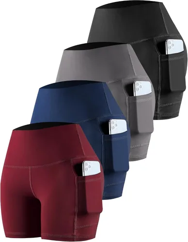 CHRLEISURE Paquete de 4 pantalones cortos de yoga de elastano con bolsillos para mujer, pantalones cortos de entrenamiento de cintura alta