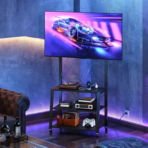 Miniatura 5 de HOOBRO - Soporte de TV móvil con soporte y toma de corriente hasta 55 pulgadas, centro de entretenimiento de esquina, soporte de TV pequeño con 3