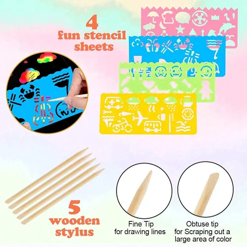 Miniatura 7 de Mocoosy 60 piezas de papel de arte de rayas arcoíris para niños, juego de papel mágico para rascar, suministros de arte y manualidades, almohadillas
