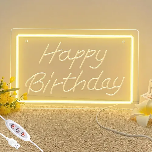 Letrero de neón LED de feliz cumpleaños de 11.8 x 8.3 pulgadas, luz de neón regulable blanca cálida, decoración de pared alimentada por USB para