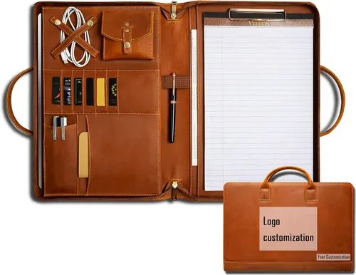 Miniatura 9 de Portafolio de Cuero Genuino, Organizador Padfolio con Asa, Padfolio Personalizado, Padfolio con Cremallera para Hombres y Mujeres, Adecuado