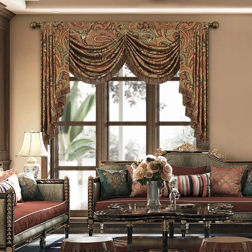 Miniatura 10 de Loom and Mill Cenefa de cascada de lujo de jacquard para sala de estar, elegantes cenefas de ventana con festones y cuentas damascadas, cortinas
