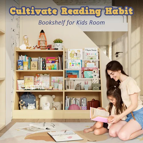 Miniatura 4 de IKALIFE Estantería de madera grande para niños de 39" y organizador de almacenamiento de juguetes, librero para bebés con estante colgante para Beige