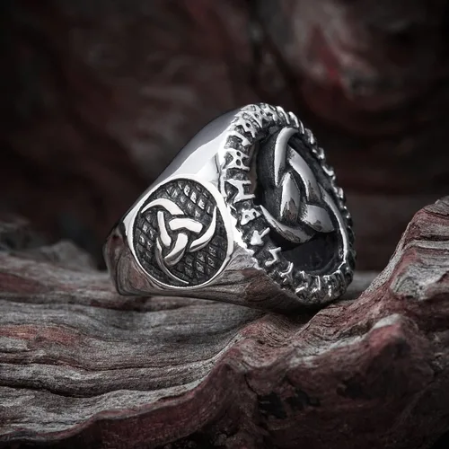 Miniatura 3 de BAVIPOWER Viking Odin Triple Cuerno Runa Círculo Norse Sabiduría Anillo de Acero Inoxidable Asatru Pagan Joyería Escandinava para hombres y mujeres