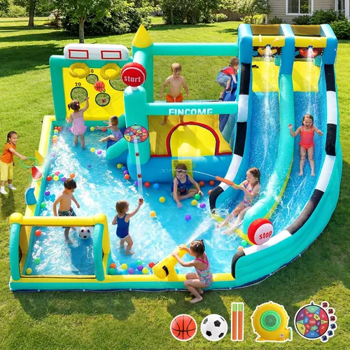 Miniatura 8 de FINCOME Bounce House - Tobogán doble para niños de 3 a 10 años, castillo de rebote grande con soplador de aire de 550 W, piscina, salto, escalada