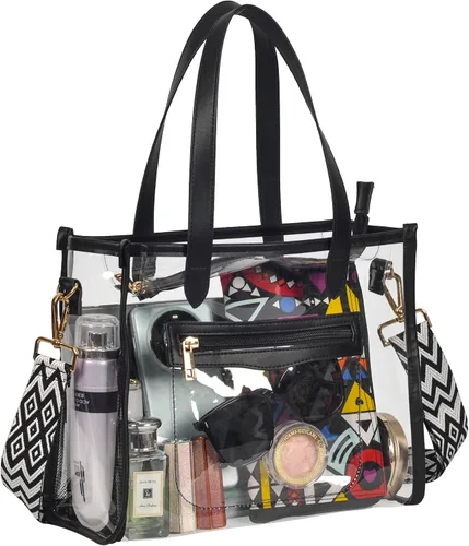 Miniatura 10 de Bolsa transparente para mujer, bolsa gruesa de PVC transparente, bolsa de estadio transparente con correa de guitarra