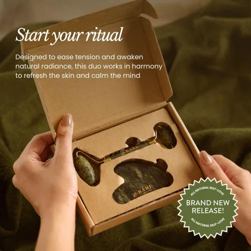 Miniatura 2 de Bare Botanics Juego de rodillos faciales y gua sha de acero inoxidable Herramientas faciales duales para hinchazón, drenaje linfático y piel