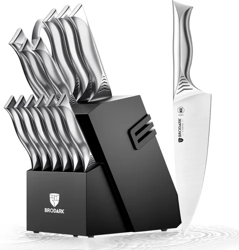 BRODARK Juego de cuchillos de cocina con bloque, juego de 15 piezas con afilador integrado, juego de cuchillos de cocina de acero inoxidable de alto