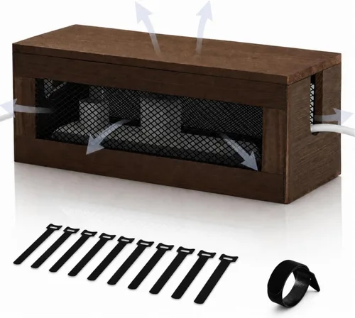 Chunful Caja de organización de cables de 13 pulgadas, organizador de cables de madera con tapa magnética y organizador para regleta de