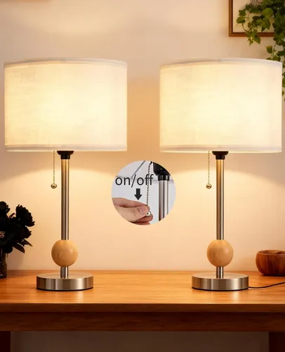 Miniatura 9 de Juego de 2 lámparas de mesa pequeñas, lámpara de noche de 17.7 pulgadas con pantalla de lino, cuerpo de metal, acento de madera y cadena