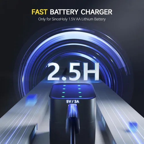Miniatura 5 de SINCEHOLY Paquete de 8 baterías recargables AA de litio con cargador rápido, baterías dobles de 1.5 V 3000 mWh, más de 1600 tiempos de ciclo