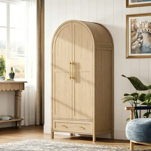Miniatura 4 de VINGLI Armario con puertas y cajones, Armario de ratán con barra para colgar, Armario de ratán con estantes y puertas, Armario de madera para colgar