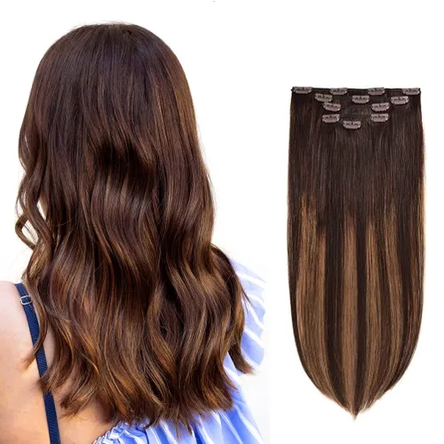 Miniatura 13 de 5 Piezas de extensiones de cabello humano Remy con clip - Extensiones de cabello real sedoso, corto y grueso para mujeres y niñas