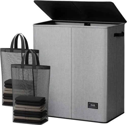 Miniatura 12 de SOLEDI Cesta de lavandería de lujo doble con tapa y bolsas removibles, cesta grande para lavandería, cesta de lavandería de 2 secciones, cesta