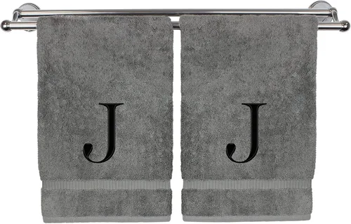 Miniatura 82 de Toalla de mano monogramada, regalo personalizado, juego de 2 - Toalla bordada con letra de bloque dorada - Extra absorbente 100% algodón turco