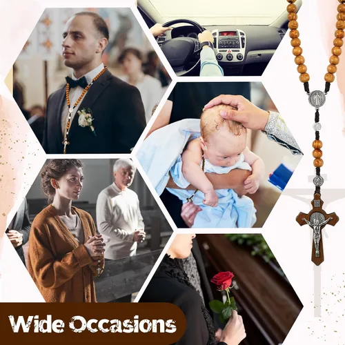 Miniatura 7 de Juego de 24 collares de rosario de cuentas de madera tallada con rosario católico con cruz de Jesús, cuentas de rosario de madera maciza con bolsa