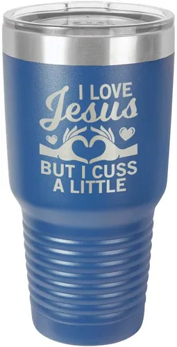 Miniatura 13 de Taza de viaje con texto en inglés "I Love Jessus I CUSS A LITTLE Engraved Tumbler", de acero con recubrimiento de polvo grabado con láser, sin BPA
