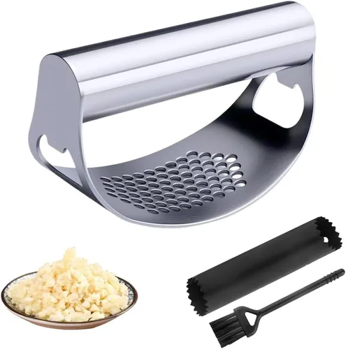 Prensa de ajo de acero inoxidable Rocke, nueva picadora de ajo y trituradora de ajo, trituradora de ajo manual fácil de apretar con pelador y