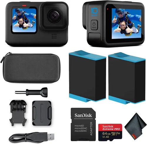 GoPro HERO10 (Hero 10) Black - Cámara de acción impermeable con LCD frontal y pantallas traseras táctiles, motor GP2, video HD 5K, fotos de 23 MP,