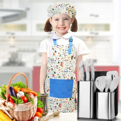 Miniatura 4 de Jennice House - Juego de delantal y gorro de chef para niños, lindos delantales para hornear de niños para cocinar delantales para bebés que hornean